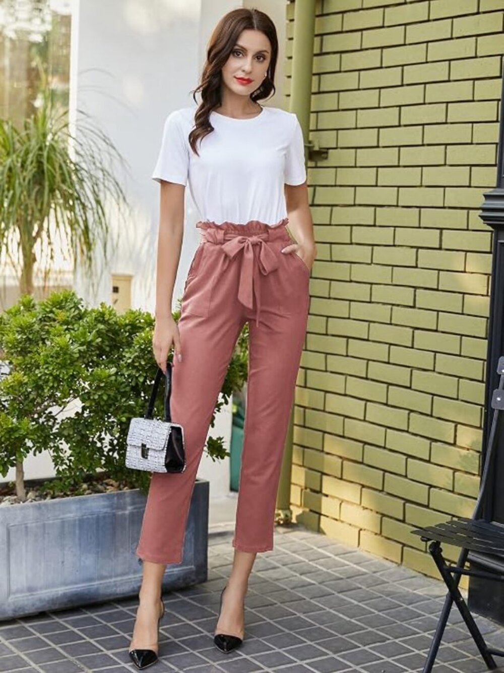 Women's Hight Waisted Work Pants Cropped Paper Bag Business Casual Pants